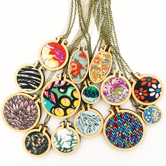 mini hoop fabric necklace + brooch