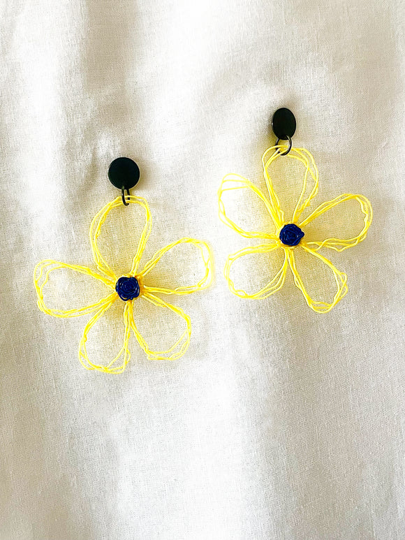 flower earrings . hand drawn . daisy . yellow navy