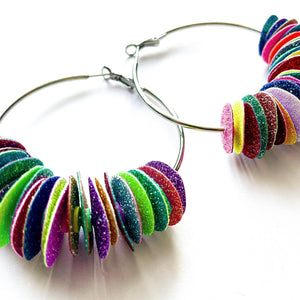 glitter confetti hoop earrings . rainbow . medium silver