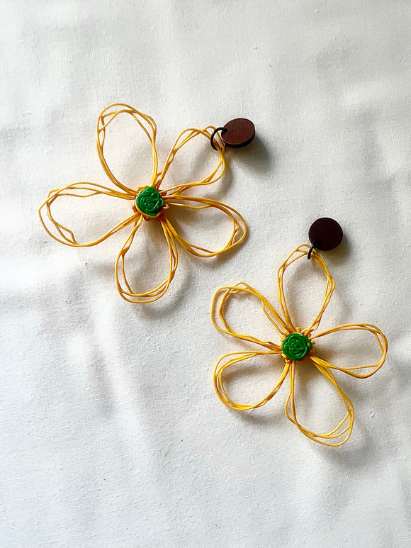 flower earrings . hand drawn . daisy . mustard yellow green