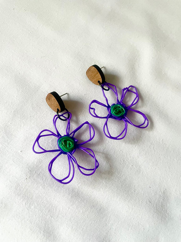 flower earrings . hand drawn . daisy . purple green