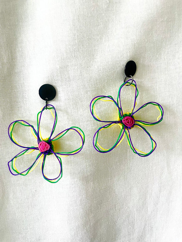 flower earrings . hand drawn . daisy . yellow purple green